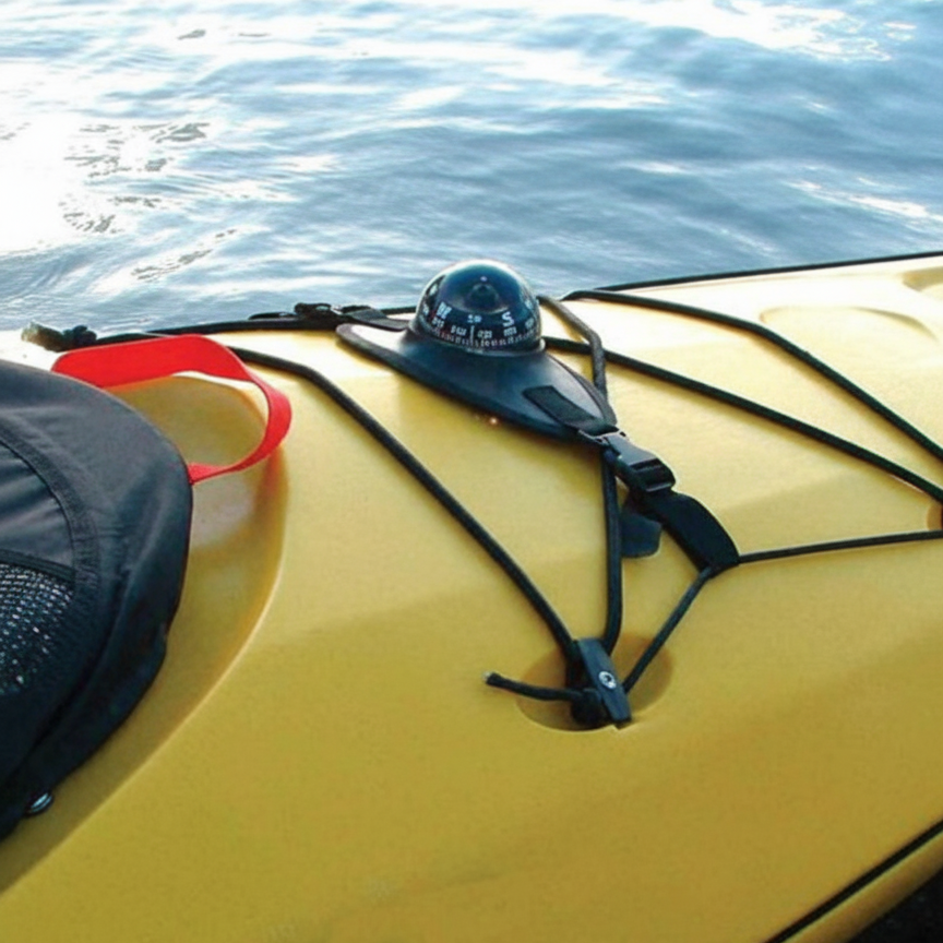 Seattle Sports sea rover deck compass mounted on the deck of a yellow kayak