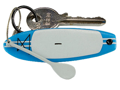 Keychain with a blue miniature stand up paddleboard and keys on a white background