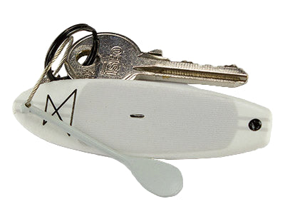 Keychain with a white miniature stand up paddleboard and keys on a white background
