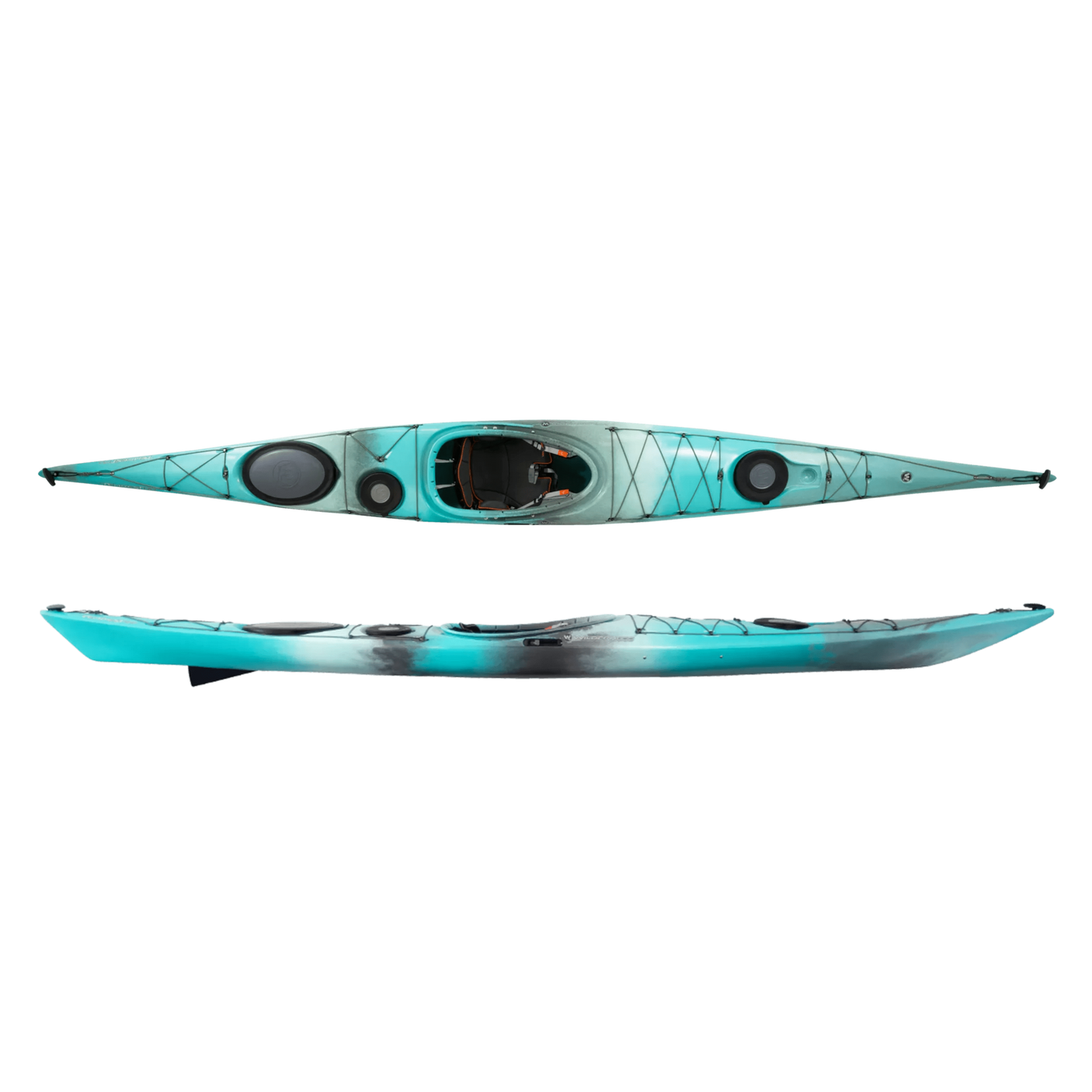 Wilderness Systems Tempest 165 Kayak in the colorway Breeze Blue featuring blended stripes of turquoise, white, and gray, shown from the top and side