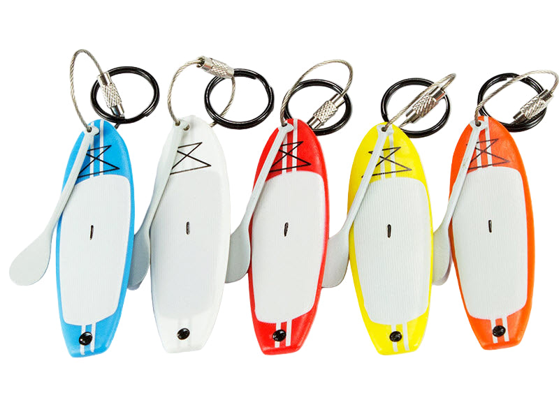 Hobkey Keychain with miniature stand up paddleboards in various colors on a white background