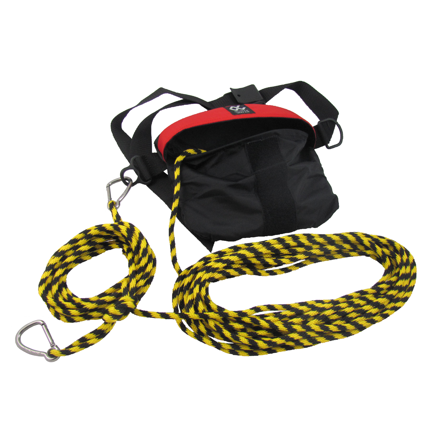 North Water Micro Tow kayak tow belt in red open showing 50' Yellow and Black floating rope