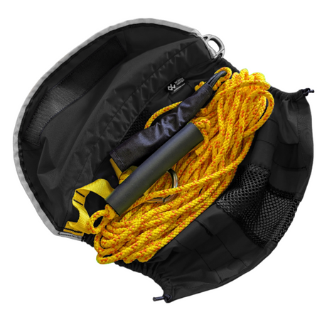 North Water 35' dynamic tow belt in black and yellow opened