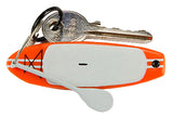Keychain with a orange miniature stand up paddleboard and keys on a white background