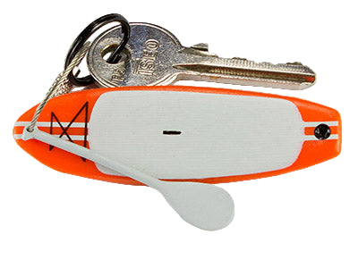 Keychain with a orange miniature stand up paddleboard and keys on a white background