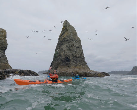 Two kayakers paddling near large rock formations with birds flying overhead.