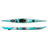 Wilderness Systems Tempest 165 Kayak in the colorway Breeze Blue featuring blended stripes of turquoise, white, and gray, shown from the top and side