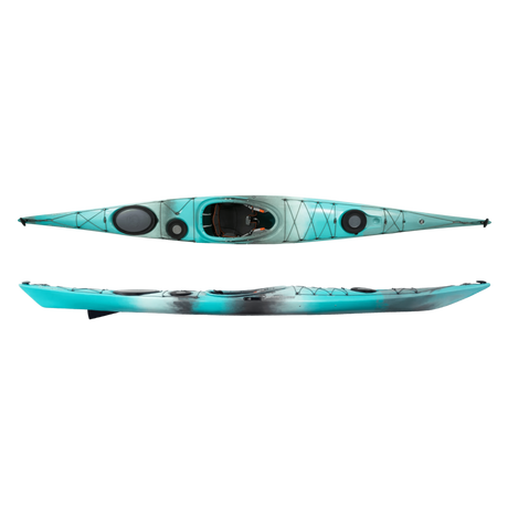 Wilderness Systems Tempest 165 Kayak in the colorway Breeze Blue featuring blended stripes of turquoise, white, and gray, shown from the top and side