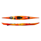 Wilderness Systems Tempest 165 Kayak in the colorway Mango featuring blended stripes of red, orange, and yellow, shown from the top and side