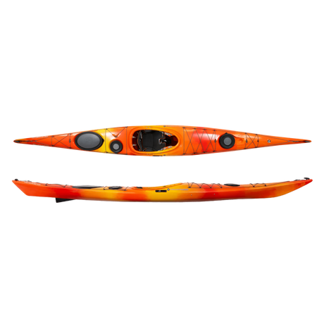 Wilderness Systems Tempest 165 Kayak in the colorway Mango featuring blended stripes of red, orange, and yellow, shown from the top and side