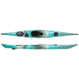 Wilderness Systems Tempest 170 Kayak in the colorway Breeze Blue featuring blended stripes of turquoise, white, and gray, shown from the top and side