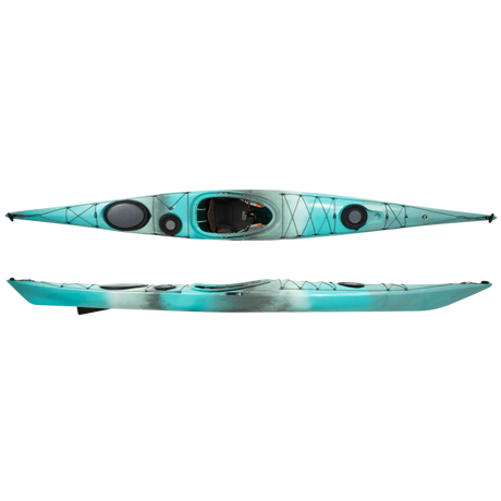 Wilderness Systems Tempest 170 Kayak in the colorway Breeze Blue featuring blended stripes of turquoise, white, and gray, shown from the top and side