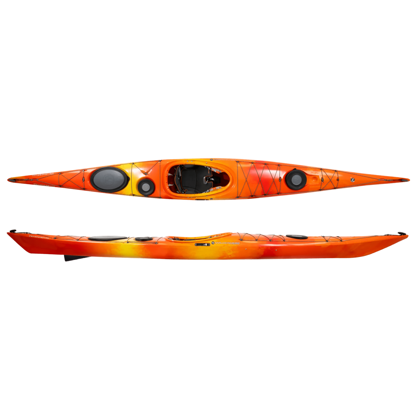 Wilderness Systems Tempest 170 Kayak in the colorway Mango featuring blended stripes of red, orange, and yellow, shown from the top and side