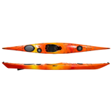 Wilderness Systems Tempest 170 Kayak in the colorway Mango featuring blended stripes of red, orange, and yellow, shown from the top and side