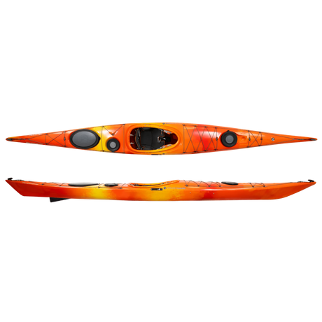Wilderness Systems Tempest 170 Kayak in the colorway Mango featuring blended stripes of red, orange, and yellow, shown from the top and side