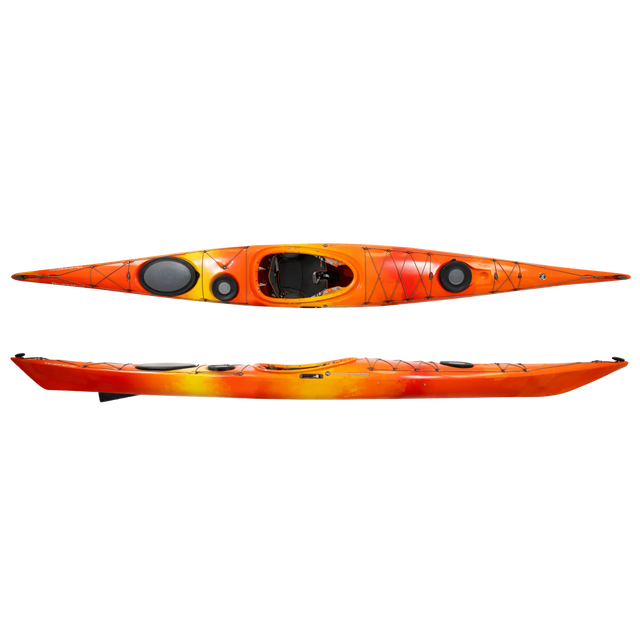 Wilderness Systems Tempest 170 Kayak in the colorway Mango featuring blended stripes of red, orange, and yellow, shown from the top and side