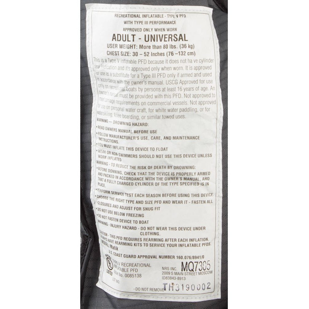 NRS Matik Inflatable PFD Life Jacket